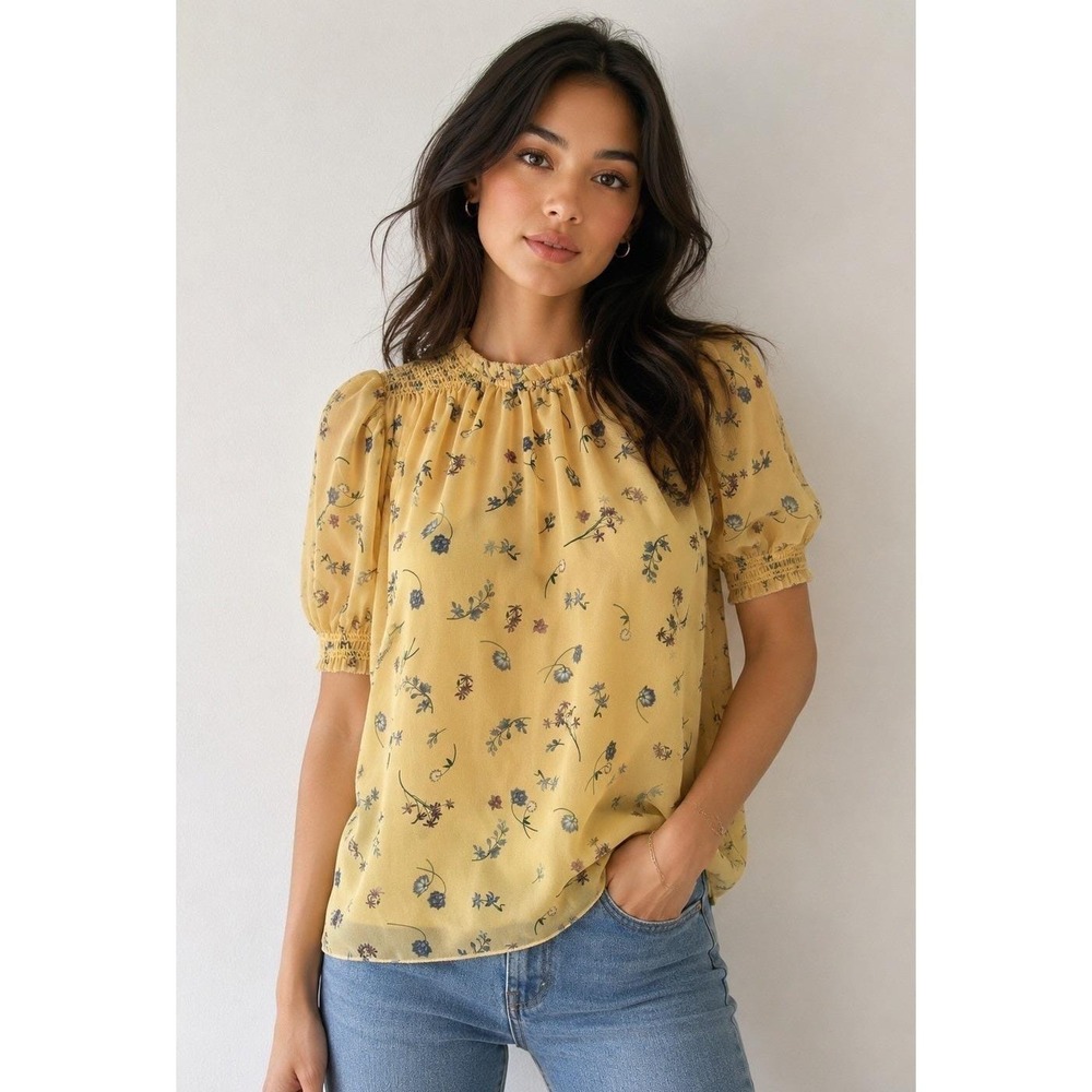 Wilfred Aritzia Floral Peasant Blouse Sz S Womens Yellow Smocked Puff Sleeve Top